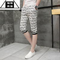 希杰狮王七分裤男夏季薄款束脚印花外穿休闲运动潮流夏天马裤学生男士短裤