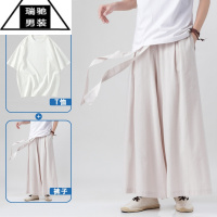 希杰狮王中国风唐装男款裤子夏季棉麻阔腿裤大码宽松休闲裤薄款透气亚麻裤