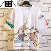 希杰狮王夏季五分袖t恤潮流宽松大码短袖上衣猫咪半袖青少年帅气学生体恤