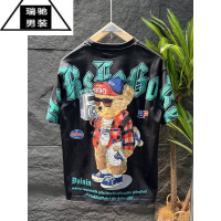 希杰狮王夏季新款男士潮流潮牌卡通背包小熊印花短袖圆领宽松休闲T恤上衣