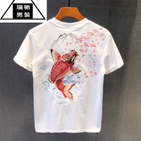 希杰狮王2023新款夏季中国风刺绣锦鲤T恤短袖男青年重工时尚体恤ins潮