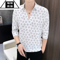 希杰狮王夏季网红很仙的格子衬衣男士短袖t恤V领雪纺冰丝中袖衬衫男韩