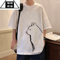 希杰狮王短袖T恤男夏季ins潮牌情侣宽松猫咪印花半袖2023新款潮流上衣