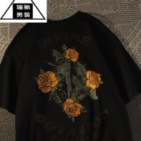 希杰狮王潮牌美式复古玫瑰花短袖t恤男女宽松街头欧美风vintage上衣夏