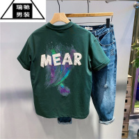 希杰狮王潮牌男士短袖T恤时尚百搭圆领个性半袖彩色手绘字母印花体恤t