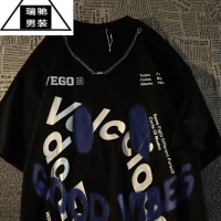 希杰狮王美式潮牌hiphop项链短袖t恤女男ins宽松欧美潮街头风情侣半袖上衣