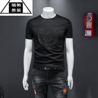 希杰狮王潮牌夏季刺绣圆领短袖T恤男丝光棉修身简约打底衫欧洲站亮片上衣