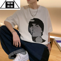 希杰狮王潮牌短袖t恤男夏季高街欧美人像印花体恤港风宽松大码半袖上衣服