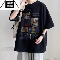 希杰狮王hiphop美式小领口t恤男夏季高中生宽松休闲短袖oversize半袖