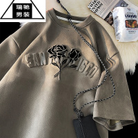 希杰狮王320gT恤oversize钢印玫瑰花卉小领口麂皮绒短袖男款