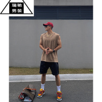 希杰狮王棕色麂皮绒无袖男t恤显肌肉小袖口背心男款健身运动坎肩篮球短袖
