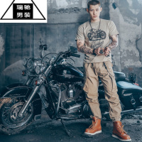 希杰狮王美式复古机车硬汉工装阿美咔叽风格摩托车欧美短袖T恤男