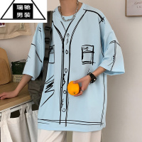 希杰狮王手绘涂鸦高街男潮牌t恤短袖宽松大码七分袖夏季美式复古半袖男款