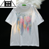 希杰狮王美式复古涂鸦花朵短袖T恤男夏季潮流痞帅情侣vintage休闲上衣