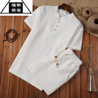 希杰狮王套装中国风男装短袖t恤亚麻棉麻料民族复古风休闲佛系禅意衣服装