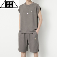 希杰狮王华夫格无袖t恤男士夏季套装男潮牌冰丝背心搭配一套休闲运动衣服