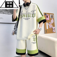 希杰狮王夏季高中学生潮牌冰丝短袖T恤套装男初中帅气新款青少年运动一套