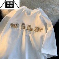 希杰狮王日式复古狗狗刺绣t恤oversize短袖男设计感小众情侣装7七分袖