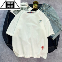 希杰狮王亚麻短袖t恤男夏季宽松棉麻料男士上衣锦鲤刺绣大码男装半袖体T恤