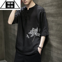 希杰狮王男士亚麻短袖T恤男中国风唐装刺绣棉风男装夏季宽松上衣服潮