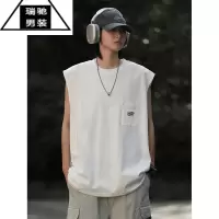 希杰狮王夏季新款日系潮流口袋字母坎肩背心男女宽松无袖打底T恤衫汗背心