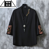 希杰狮王中国风男装t恤夏季汉元素古风亚麻上衣唐装男款棉麻刺绣短袖汉服