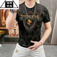 希杰狮王欧货夏季男士冰丝短袖T恤圆领幻彩水晶奥钻植绒提花速干凉感体恤