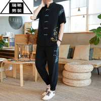 希杰狮王男士短袖t恤套装夏季薄款中国风开衫体恤中式复古唐装汉服两件套