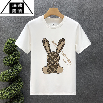 希杰狮王高端卡通兔子印花短袖t恤男潮牌2023夏季新款男士打底衫上衣