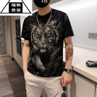 希杰狮王男士烫钻短袖t恤夏季高端潮牌老虎印花丝光棉体恤男装潮流上衣服