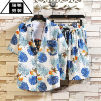 希杰狮王海南岛服沙滩衬衫男套装三亚旅游夏威夷大码花衬衣男士印花五分裤