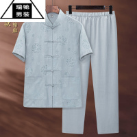 希杰狮王中国风唐装男装爸爸中式棉麻短袖衬衫爷爷中老年人衣服老爸套装夏