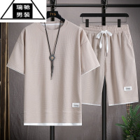 希杰狮王短袖T恤套装男夏季薄款透气休闲两件套宽松华夫格短裤半袖一套搭