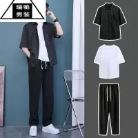 希杰狮王夏季套装男三件套韩系风格穿搭痞帅男装一套潮牌衬衫搭配拖地裤子