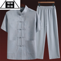 希杰狮王中老年唐装男士爷爷夏季短袖老人衣服中国风棉麻套装爸爸夏装衬衫