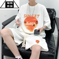 希杰狮王青少年短袖t恤男夏季华夫格套装休闲运动衣服时尚搭配帅气两件套