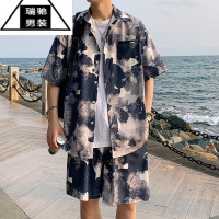 希杰狮王冰丝花衬衫男夏季薄款短袖套装痞帅时尚夏威夷海边三亚沙滩裤衬衣