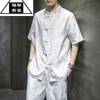希杰狮王冰丝衬衫男短袖夏季薄款中国风套装古风宽松大码中山装唐装半袖潮