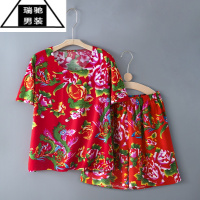 希杰狮王东北大花布网红男装夏季短袖套装 情侣休闲绵绸T恤短裤薄款演出服