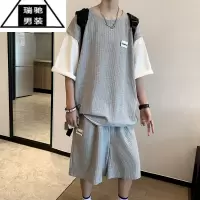 希杰狮王套装短袖t恤男夏季潮牌假两件青少年运动痞帅男装一套搭配帅气T恤