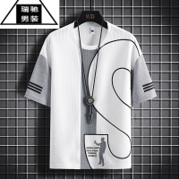 希杰狮王华夫格休闲套装男夏季薄款短袖t恤男装一套搭配时尚透气运动衣服