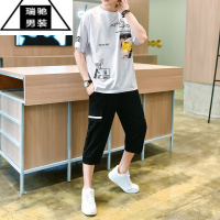 希杰狮王夏季帅气12短袖T恤男孩运动套装13青少年初中学生15岁七分裤