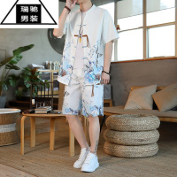 希杰狮王短袖t恤男中国风男装唐装两件套复古盘扣上衣夏季新中式禅意套装