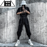 希杰狮王嘻哈机能风背带裤男士韩版潮流工作服男束脚连体裤套装暗黑长裤子