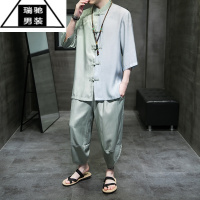 希杰狮王2023夏季冰丝汉服套装男士五分袖衬衫中国风唐装大码七分裤两件套