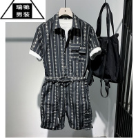 希杰狮王工装连体裤男夏季短袖套装宽松休闲衣服印花设计款外衣连体衣服男