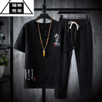希杰狮王亚麻短袖t恤男夏季薄款中国风棉麻套装古风茶服中老年爸爸装唐装