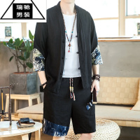 希杰狮王亚麻T恤套装男中国风男装拼接汉服男士棉麻民族服饰夏季盘扣一套