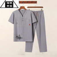 希杰狮王爸爸夏装亚麻套装夏季棉麻短袖t恤中老年人唐装男士爷爷休闲衣服