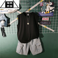 希杰狮王背心短裤套装男夏季痞帅男装搭配一套帅气牛仔短裤宽松潮流两件套